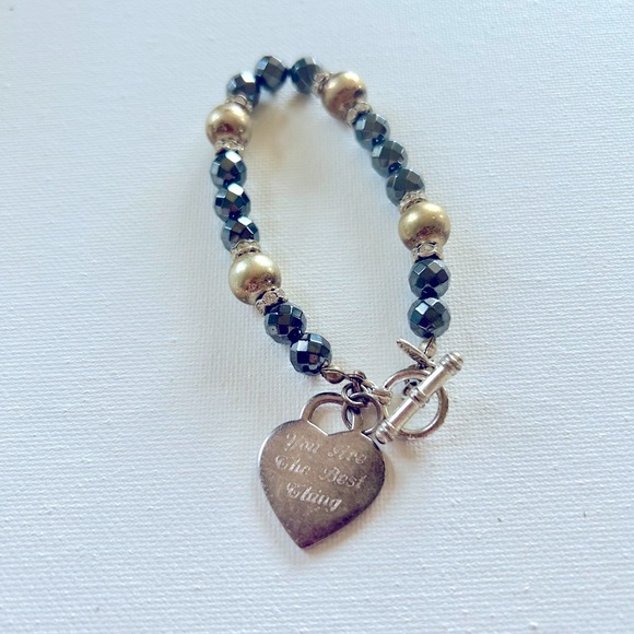 ‘You are the Best Thing’ Beaded T-Bar Gray and Gold Bracelet Signed TR - Picture 1 of 3